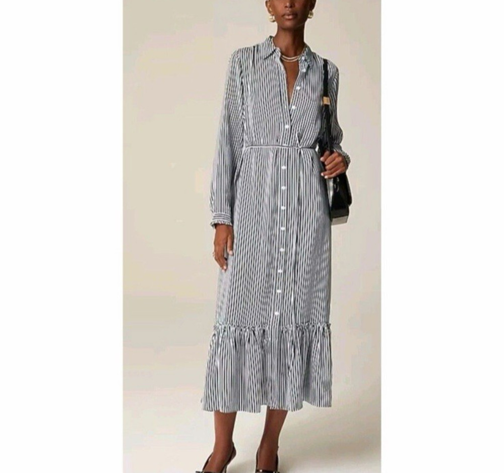 J. Crew Amelia Shirt Dress Womens L Blue White Striped Drapey Viscose Twill New